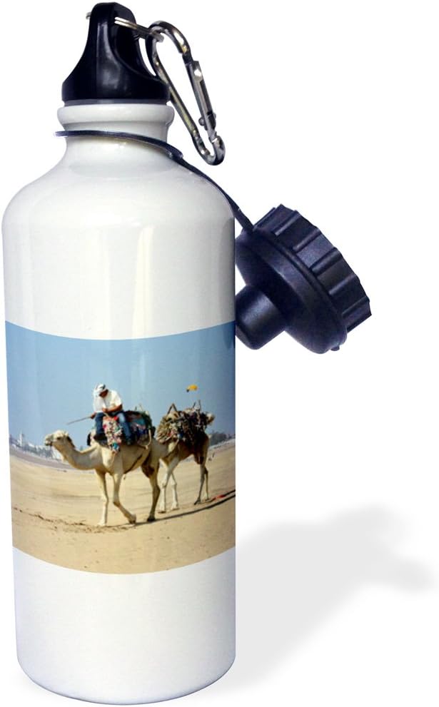 3dRose Camel and Rider on Essaouira Beach, Morocco Photo by Rhonda Albom Sports Water Bottle, 21 oz, White