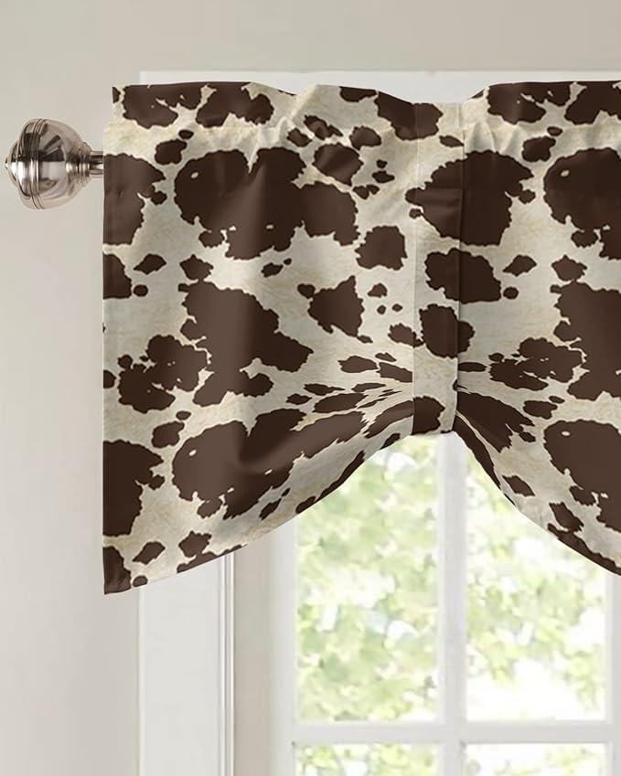 Brown Cowhide Cow Print Blackout Tie Up Valance Curtains for Kitchen Windows Graffie Window Toppers Balloon Shades for Living Room/Bathroom/Bedroom,1 Panel,42" X 12"