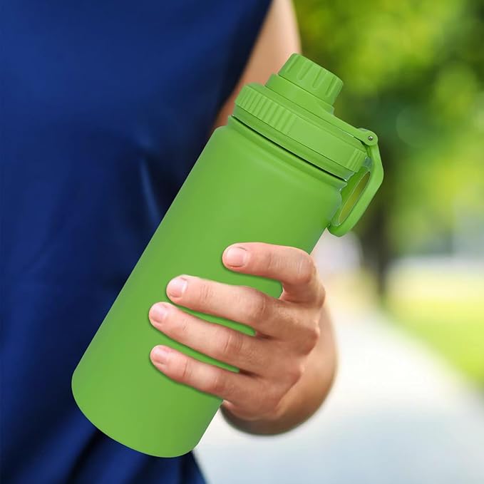 18oz Insulated Water Bottle ,Stainless Steel Sports Water Cup Flask with 2 Lids, Wide Mouth Travel Thermal Mug,Outdoor Sports Bottle(Lemon Green)