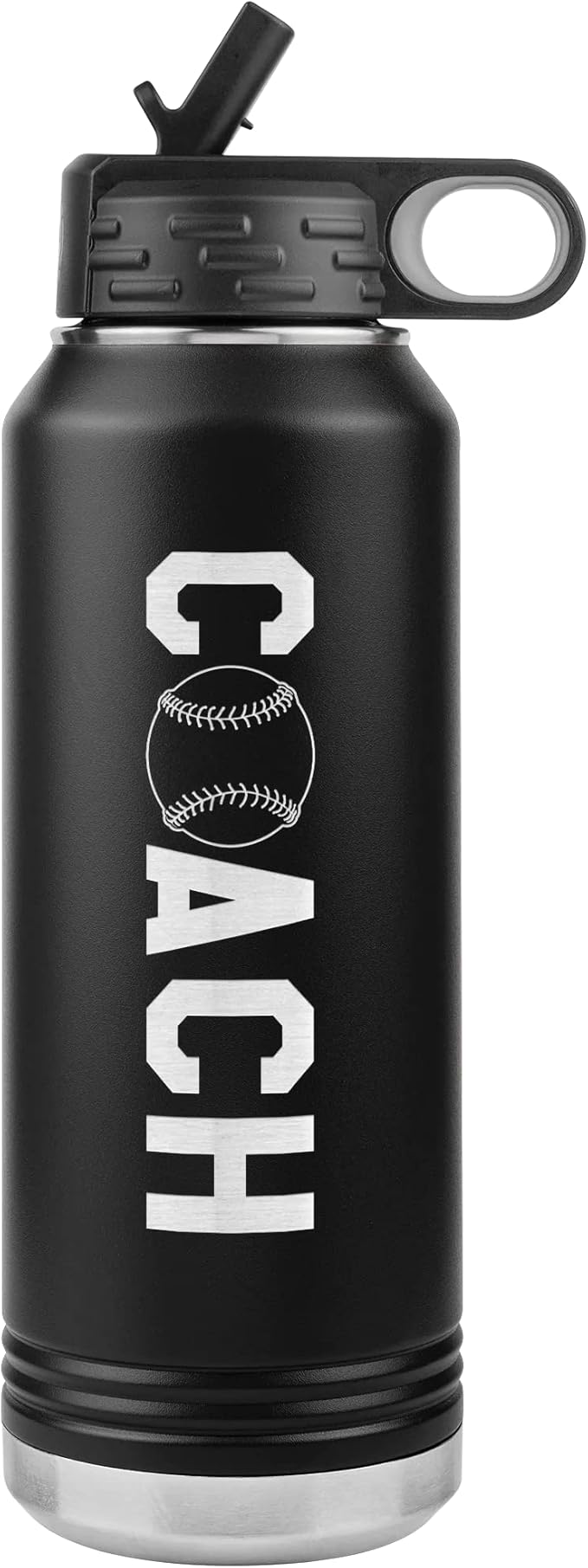 Baseball Coach Water Bottle - 32oz Insulated Engraved Stainless Steel Flip Top with Straw Baseball Coach Gift Black