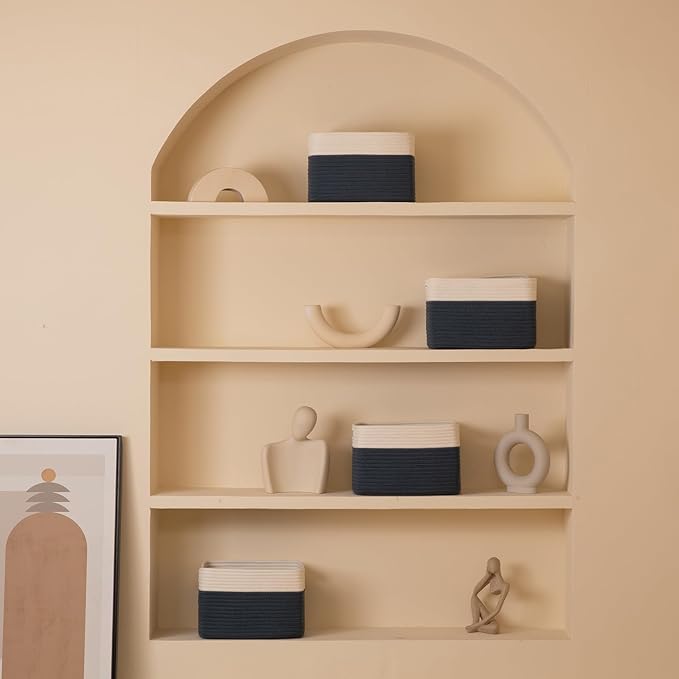 4 Pack Storage Baskets for Organizing, Woven Baskets for Shelves - Perfect for Toys, Books, Towels, and Clothes, Durable Gift Basket Bins Toy Storage, 12.7''L x9''W x7.8''H, Blue and White