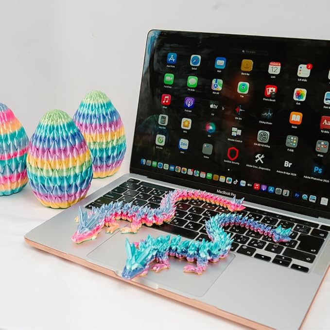 3PCS 3D Printed 12” Articulated Crystal Dragon Inside 5.1” Egg – Fantasy Collectible, Fidget Toy & Stocking Easter Basket Stuffers for Home & Office Decor (3pcs - Rainbow)