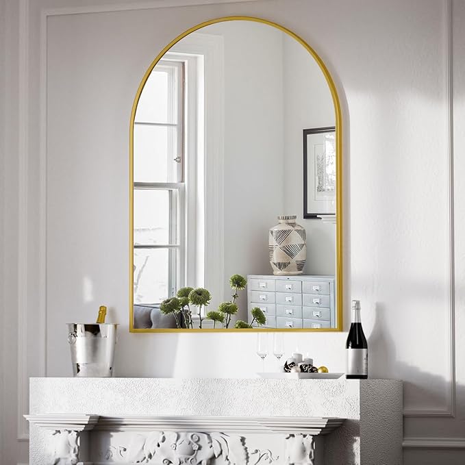 BEAUTYPEAK 30"x40" Arch Bathroom Mirror, Wall Mounted Vanity Metal Frame Mirror for Bedroom, Entryway, Living Room, Gold