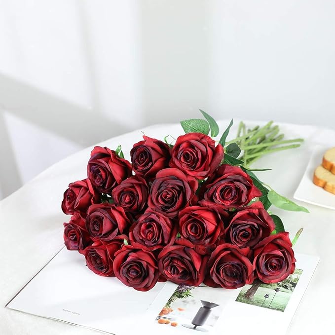 Burgundy Fake Roses Artificial Flowers - 10 Pcs Fake Artificial Roses Silk Flowers with Stems for Home Wedding Hotel Office Centerpiece Decor(Burgundy)