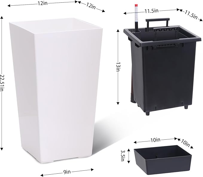 22.5" Tall Planters Set of 2, Outdoor&Indoor Black Planter Pots, High Front Porch Planter Pots with Drainage Holes&Water Level Monitor&Inner Bucket, Automatic Watering, White