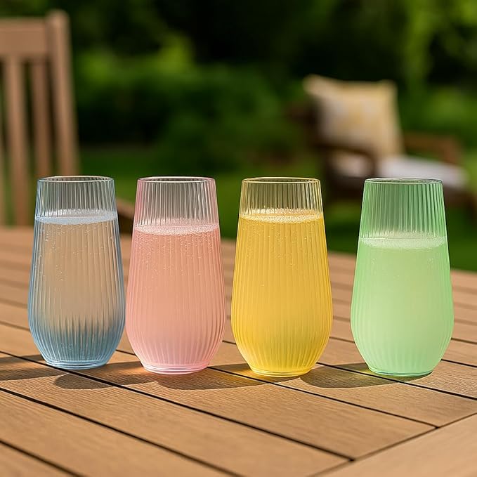 48 Pack Ribbed Ripple Stemless Toasting Glasses, Origami Durable 9 Oz BPA-Free Disposable Plastic Champagne Flutes for Weddings, Bars, Events, and Celebrations (48, Ribbed Color Collection)