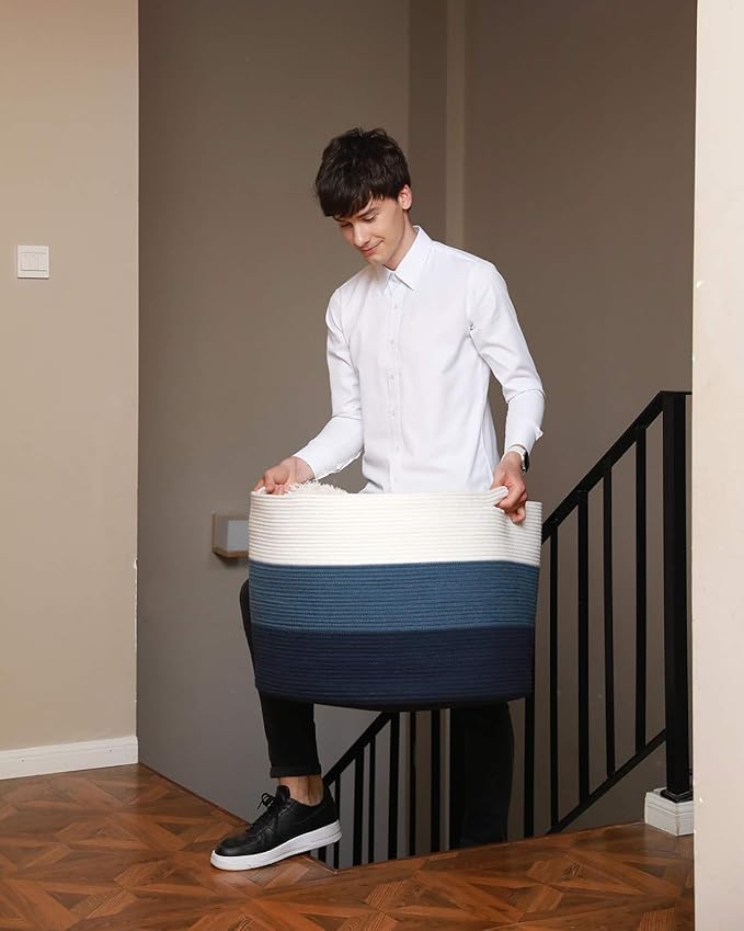 24" x 24" x 17" Max Size Large Cotton Rope Basket, Extra Large Storage Basket, Woven Laundry Hamper, Cloth Storage Bin, for Blankets Clothes Towels Pillows in Living Room, Dark Blue/Deep Blue