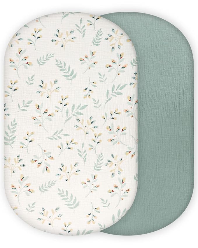 Blissful Diary Muslin Bassinet Sheets for Baby Girls Boys, Boho Soft Cotton Fitted for Oval Hourglass Rectangle Mattress, 2 Pack(Roman Green&Leaf)