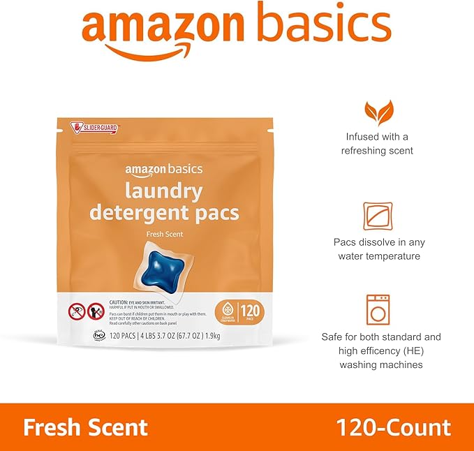 Amazon Basics Laundry Detergent Pacs, Fresh Scent, 120 Count (Previously Solimo)