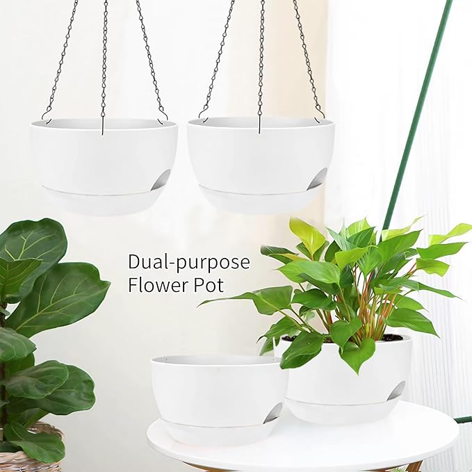 2 Pack Hanging Planters for Indoor Outdoor Plants, 8 Inch Self Watering Hanging Pot with Drainage Holes and Saucer, Plastic Plant Pots, White Flower Pots for Kitchen, Balcony, Garden
