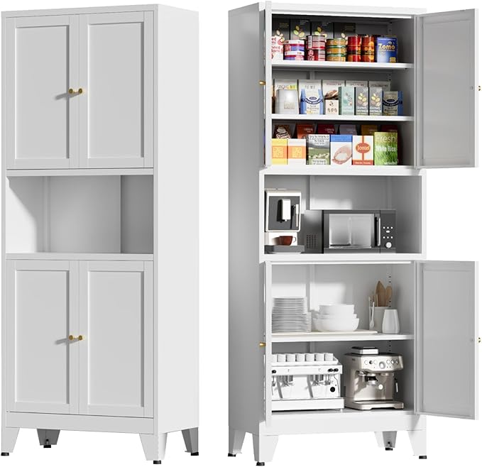 69" Tall Kitchen Pantry Cabinet, Metal Storage Cabinet with 4 Doors and Adjustbale Shelves, Freestanding Cupboards for Dining Room, Living Room, Bathroom