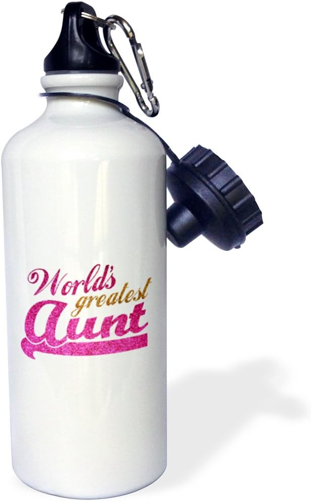 3dRose Worlds Greatest Aunt-Best Auntie Ever-Pink and Gold Text-Faux Sparkles-Matte Glitter-Look Sports Water Bottle, 21 oz, White