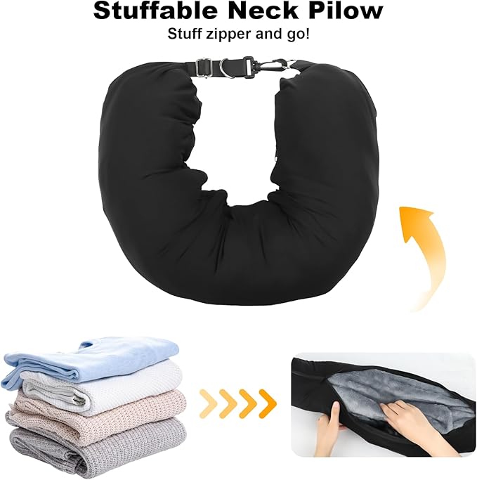BEE&FLOWER Travel Pillow You Stuff with Clothes, Stuffable Travel Pillow with Adjustable Strap, Stuffable Neck Pillow, Washable, Portable, Ultra-Soft, and Breathable
