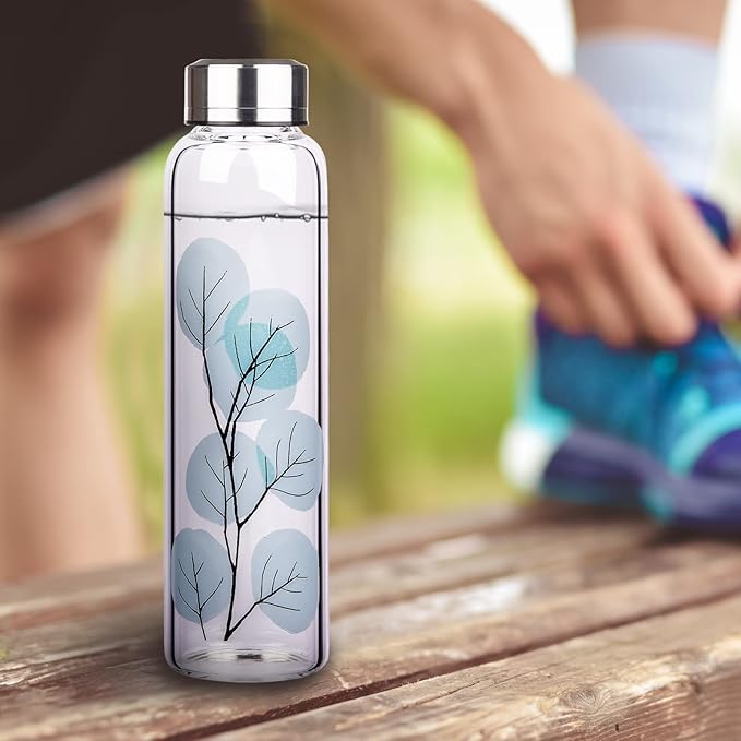 Borosilicate Glass Water Bottle, Sports Glass Drinking Bottle with Neoprene Sleeve and Stainless Steel Lid 16oz / 32oz (32oz, Blue Leaves)