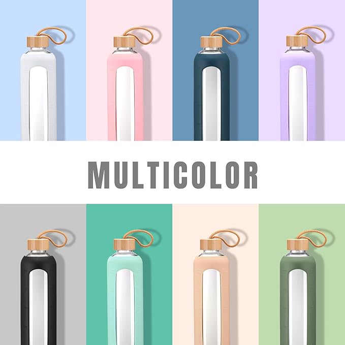 32oz Glass Water Bottle With 2 Lids-Flip Straw Lid, Bamboo Lid, Glass Water Bottle With Silicone Sleeve, Motivational Time Marker, Glass Juice Bottle for Cold Drink,Navy Blue