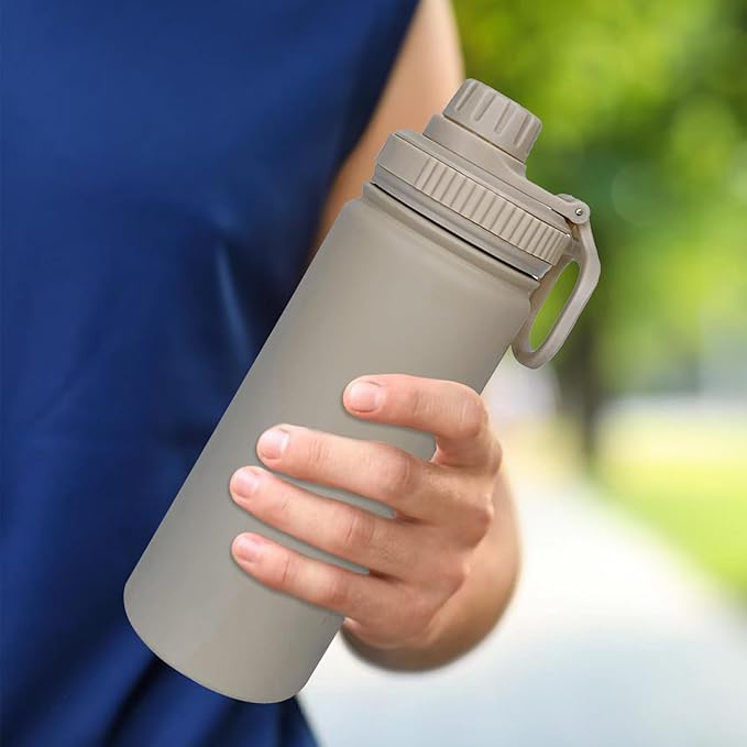 18oz Insulated Water Bottle ,Stainless Steel Sports Water Cup Flask with 2 Lids, Wide Mouth Travel Thermal Mug,Outdoor Sports Bottle(Cream apricot)