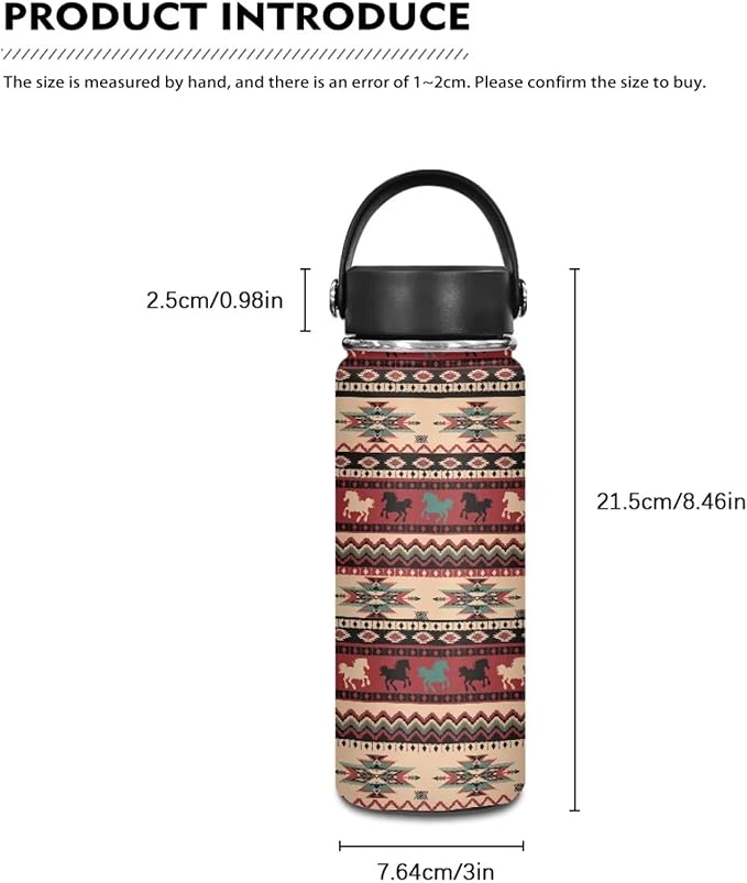 Aztec Horse Insulated Water Bottle 18 Oz for Hot Drink Wide Mouth Water Jug for Fitness, Gym and Outdoor Sports, Leak-proof