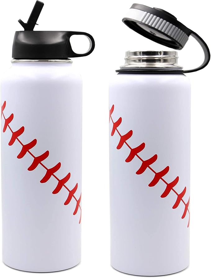 40 oz Baseball Water Bottle, Sports Flask Metal Travel Tumbler with 2 Lids 18/8 Stainless Steel Double Wall Vacuum Insulated Hot/Cold (40oz, White baseball)