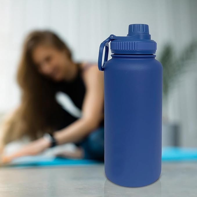 32oz Insulated Water Bottle ,Stainless Steel Sports Water Cup Flask with 2 Lids, Wide Mouth Travel Thermal Mug,Outdoor Sports Bottle(Dark Blue)