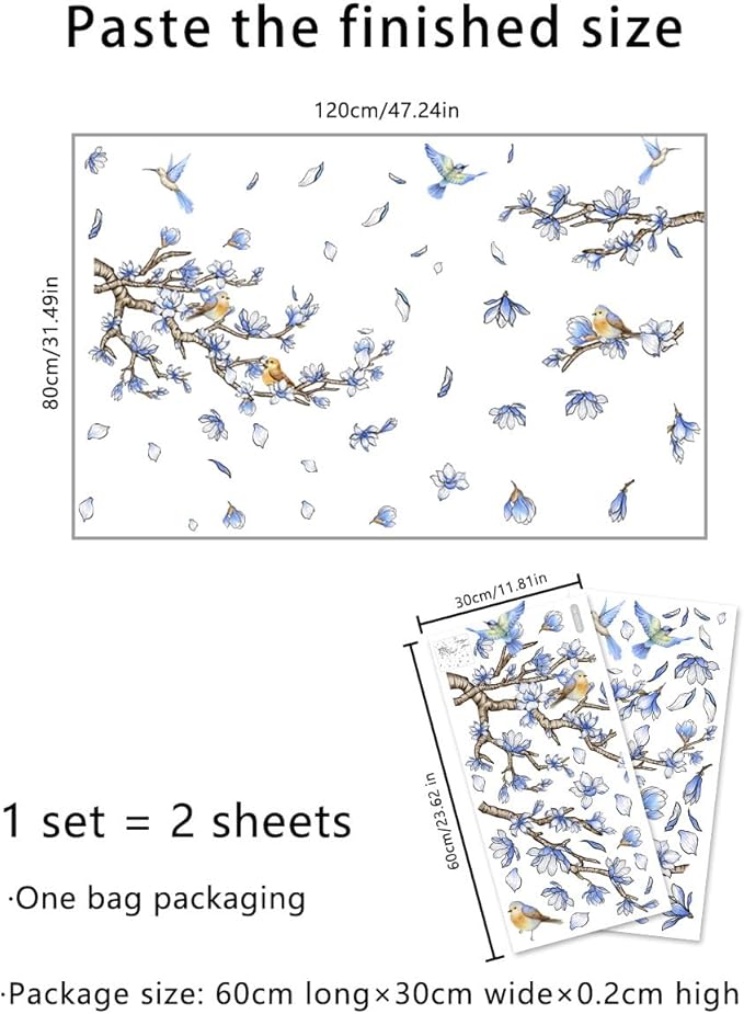 Blue Flowers Birds Wall Decals Blue Floral Garden Flower Wall Stickers Fairy Decals PVC Removable Wall Art Decals for Girls Bedroom Nursery Decor