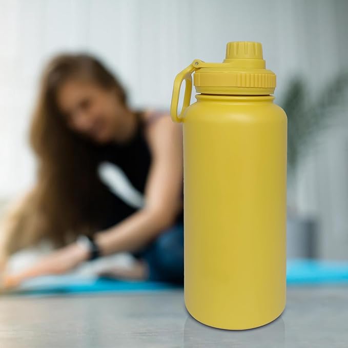 32oz Insulated Water Bottle ,Stainless Steel Sports Water Cup Flask with 2 Lids, Wide Mouth Travel Thermal Mug,Outdoor Sports Bottle(Mango yellow)