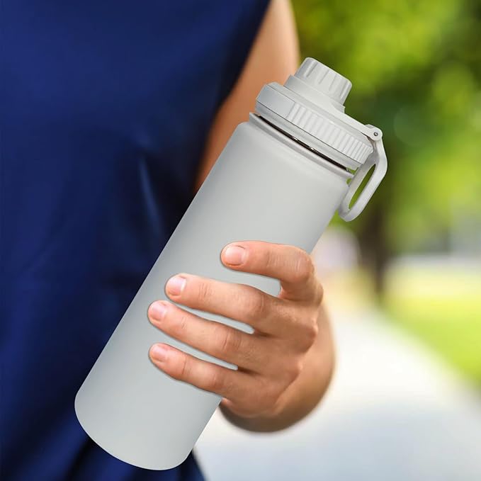 22oz Insulated Water Bottle ,Stainless Steel Sports Water Cup Flask with 2 Lids, Wide Mouth Travel Thermal Mug,Outdoor Sports Bottle(white)