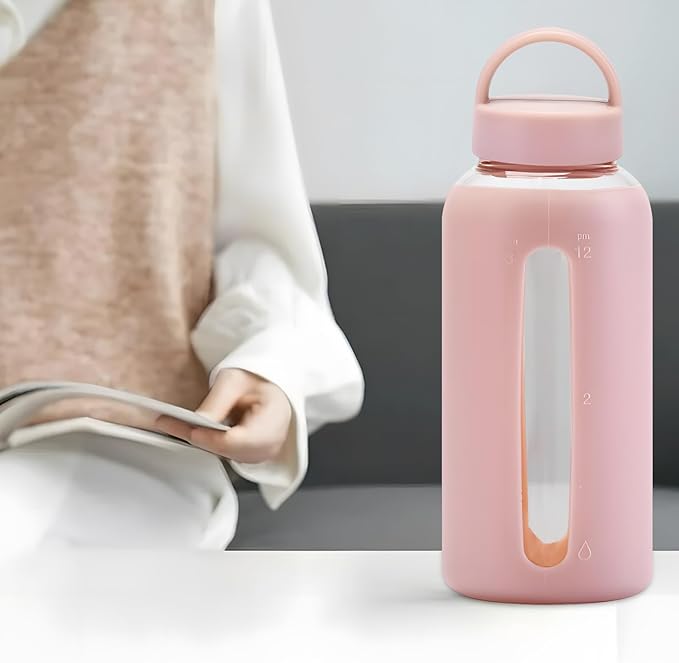 27 Oz Hydration Bottle,Minimalist Glass Water Bottle With Silicone Sleeve,Wide Mouth Opening With 2 Lids,Train Straws,Gift for Kids/Adults,Sport Glass Water Bottle for Gym/Yoga/Outdoor (Pink, 27 oz)