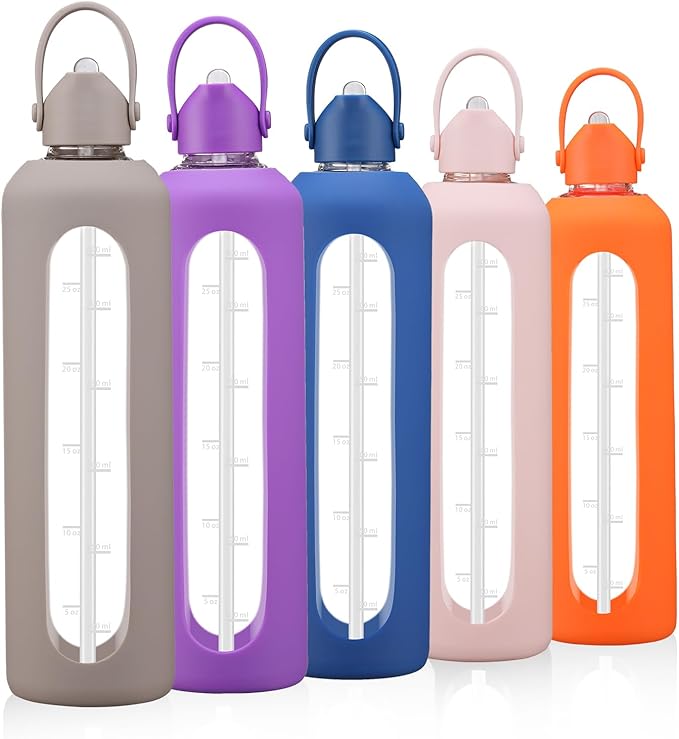 32 oz Glass Water Bottles with Straw Borosilicate Glass Water Bottle with Time Marker Motivational Water Bottles with Silicone Sleeve Leak Proof Reusable BPA Free