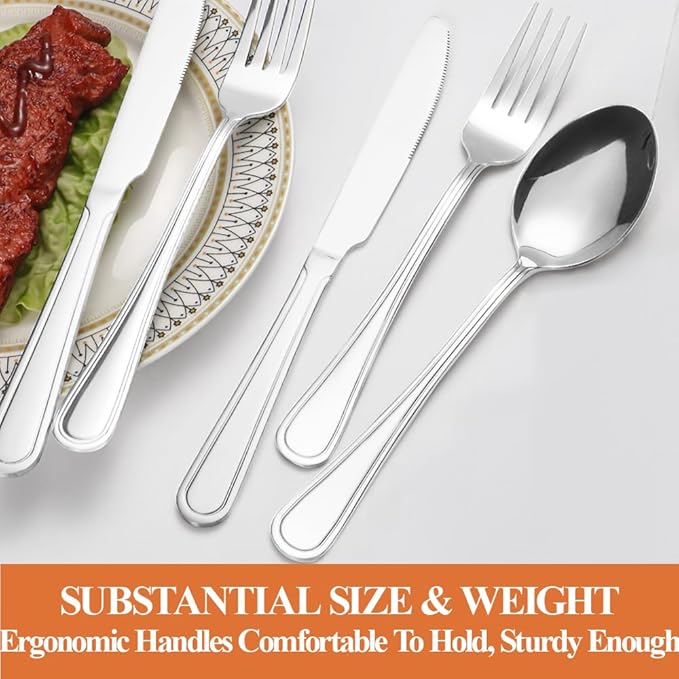 40 Pcs Silverware Set for 8 with Simple Striped Handle Design, Food Grade Stainless Steel Flatware Set, Eating Utensils Sets Include Fork/Knife/Spoon, Reusable Cutlery Set, Dishwasher Safe