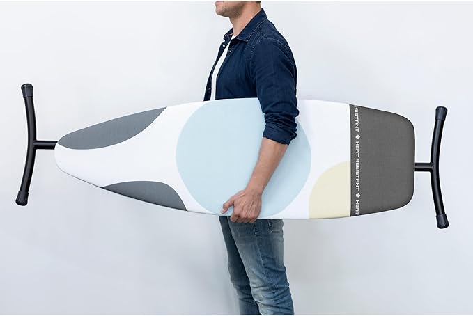 Brabantia Size D Ironing Board (53x18 in) Heat Resistant Parking Zone, Silver Frame, Non-Slip Feet, Suitable for Sit Down Ironing (Spring Bubbles)