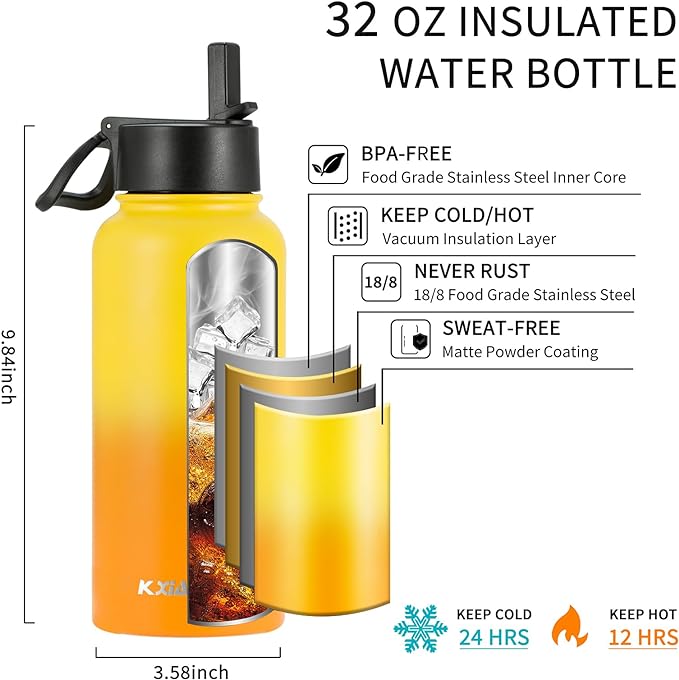 40 oz Insulated Water Bottle with Paracord Handles & Strap, 2 Lids(Straw Lid&Spout Lid), Stainless Steel Reusable Wide Mouth Metal Water Bottle With Straw, Double Walled, Thermo Mug(Mango Yellow)