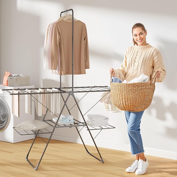 Bigzzia Clothes Drying Rack Foldable, 68.9Inch High Hanger Laundry Drying Rack with 4 Height-Adjustable Wings, Lightweight and Space Saving Clothes Airer for Apartments, Dorms, Camping