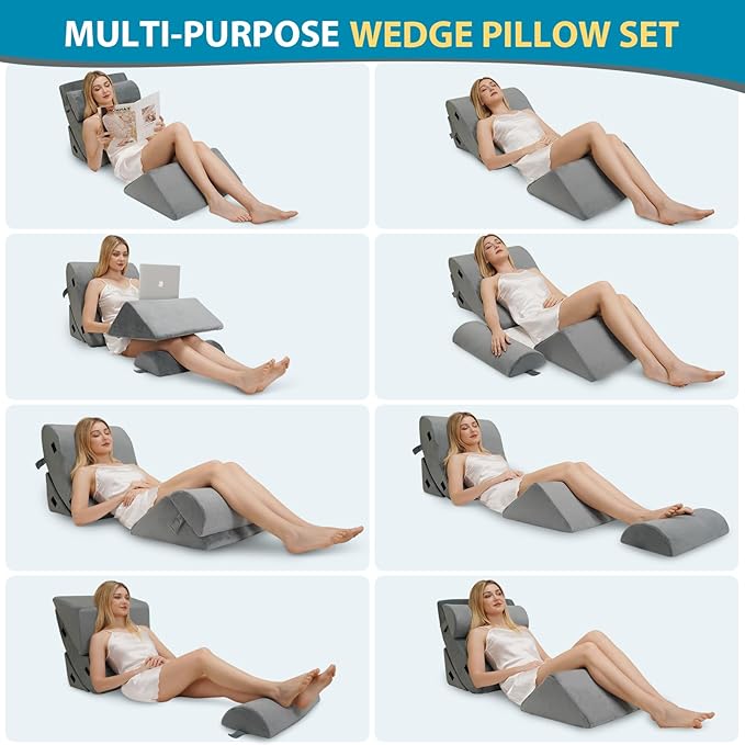 4pcs Wedge Pillow Headboard Set. Comfortable Sleep and Rest Relieves Back and Leg Pain, Aids in Acid and Gastro-Oesophageal Reflux Relief, Reduces Snoring - Grey