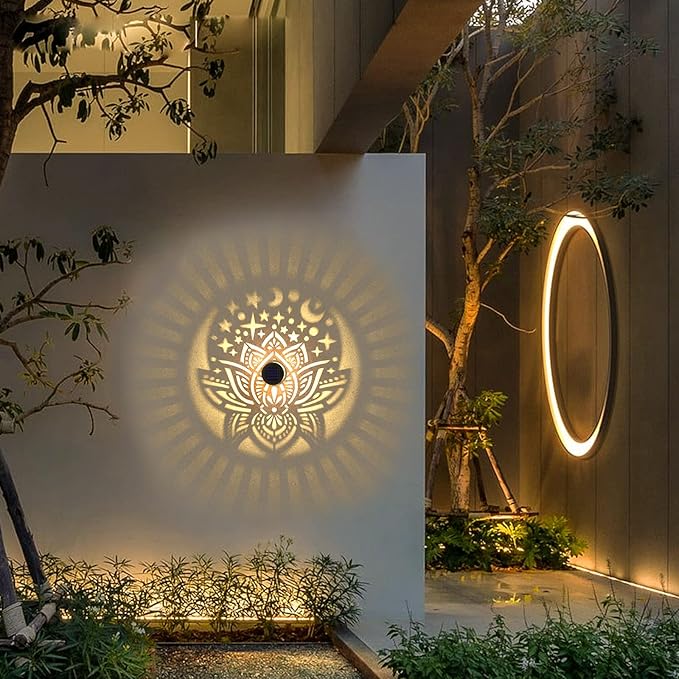 4 Pack Solar Fence Lights Metal Solar Powered Outdoor Wall Deck Lights Lotus Theme Waterproof Fence Light for Garden Post Patio Backyard Yard Decor (Lotus, 4 Pack)