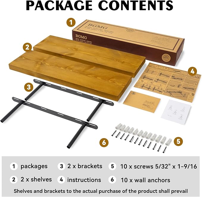 BGMG Wood Floating Shelves for Wall 18 inch Set of 2, Rustic Wooden Wall Mount Shelves for Living Room Bedroom Kitchen Farmhouse-18x6.7x1.25 inch- Gold Oak