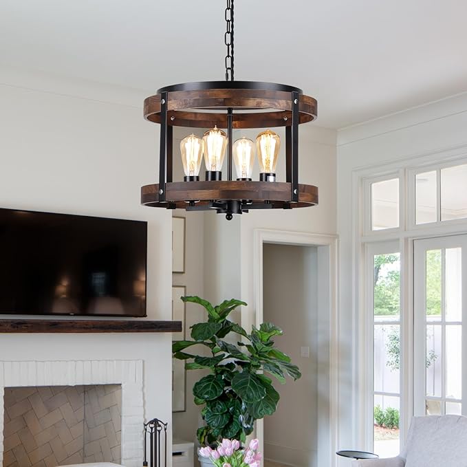 4-Light Large Rustic Farmhouse Wood Pendant Light Fixture with Adjustable Chain, 16.5 inch Oak Wood Drum Chandelier for Dining Room Kitchen Island Farmhouse Living Room Hallway, Black