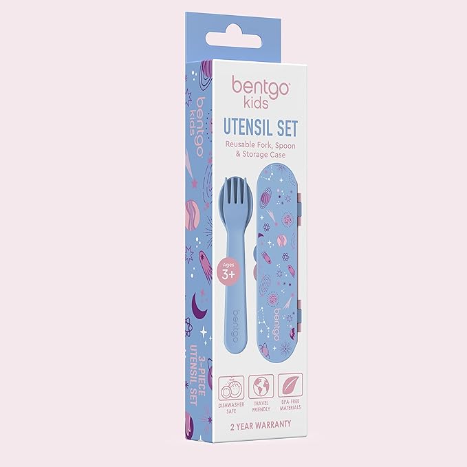 Bentgo® Kids Utensil Set - Reusable Plastic Fork, Spoon & Storage Case - BPA-Free Materials, Easy-Grip Handles, Dishwasher Safe - Ideal for School Lunch, Travel, & Outdoors (Lavender Galaxy)