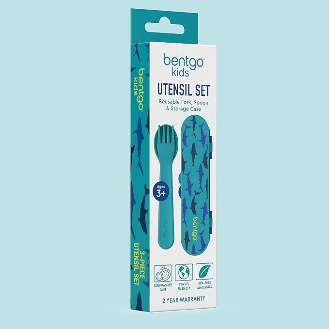 Bentgo® Kids Utensil Set - Reusable Plastic Fork, Spoon & Storage Case - BPA-Free Materials, Easy-Grip Handles, Dishwasher Safe - Ideal for School Lunch, Travel, & Outdoors (Shark)
