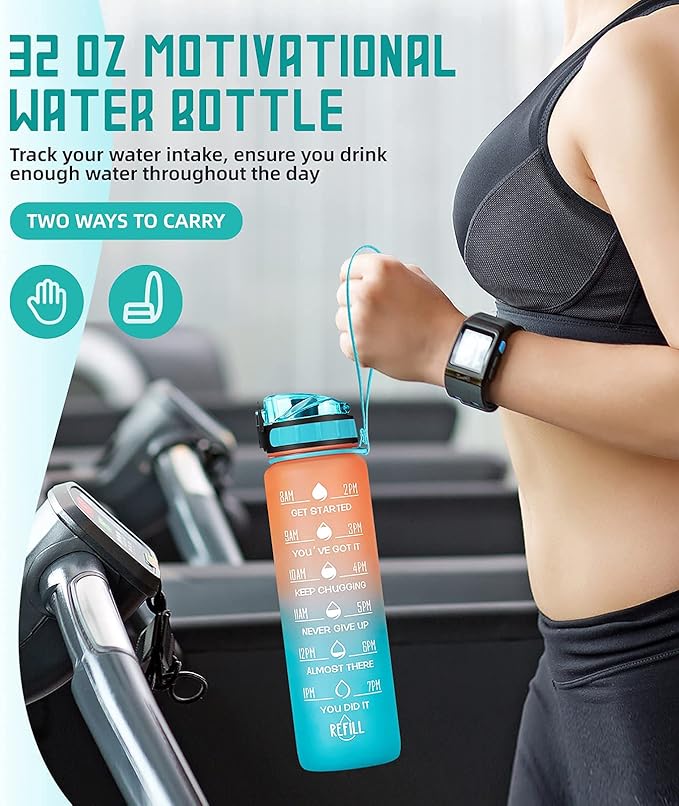 32oz Motivational Water Bottle with Time Marker & Fruit Strainer, Leak-proof BPA Free Non-Toxic Bottle with Carrying Strap, Perfect for Fitness, Gym and Outdoor Sports