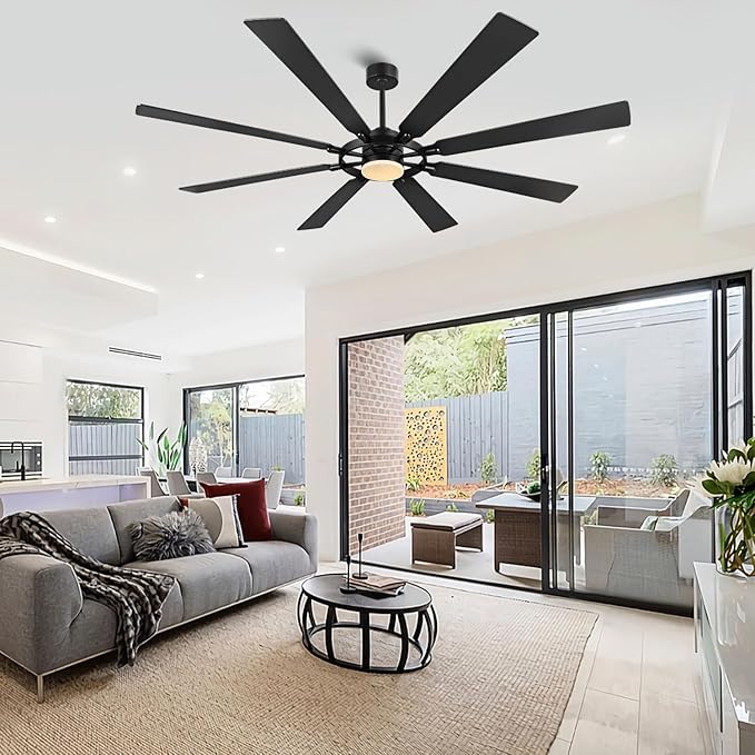 72" Ceiling Fan with Lights and Remote Control, Wood 8 Blades 6-Speed Noiseless Reversible DC Motor, 3 Downrods, Modern Large Ceiling fan for Covered Patio Bedroom Dining Living Room, Black