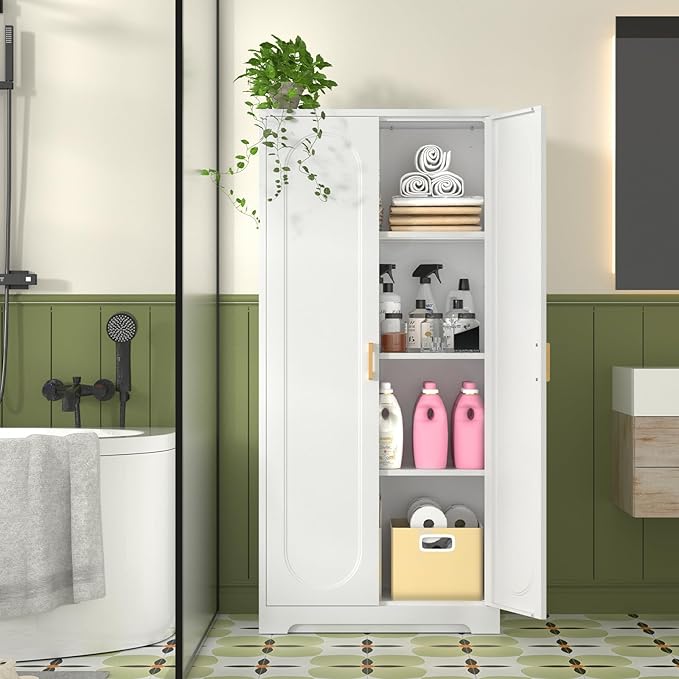 60" Tall Kitchen Pantry Cabinet, Metal Pantry Cabinet with Doors and Adjustable Shelves, White Utility Storage Cabinet with Handles for Dining Room, Bathroom, Laundry Room - Assemble Required