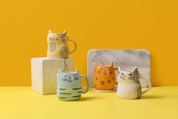 Bico Cartoon Cat Coffee Mugs Set of 4, Cute Ceramic Mugs with Unique Cats Faces, Stoneware Coffee Tea Mug Gifts for Cat Lovers, Women and Men, Microwave and Dishwasher Safe (10 oz)