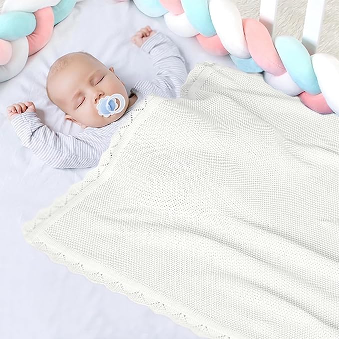 100% Cotton Baby Blanket Knit Lace Soft Warm Toddler Blanket,30 x 40 Inches,White