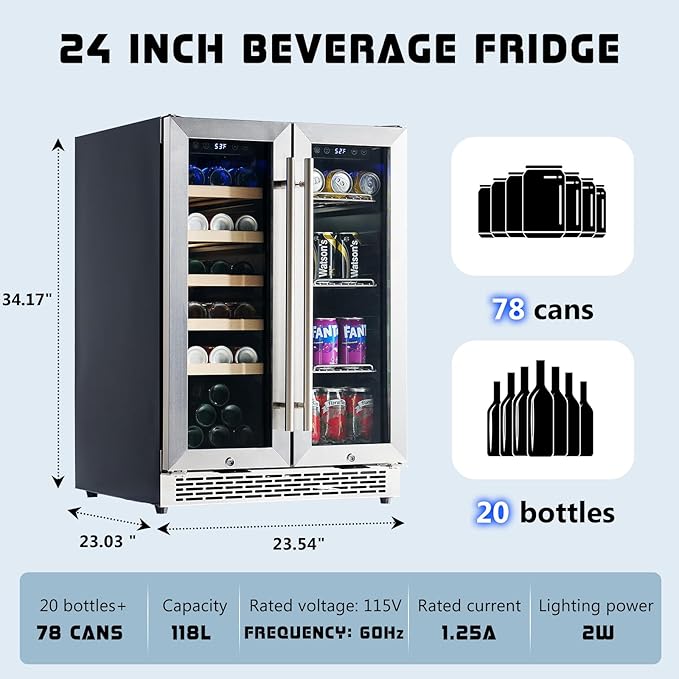 Albott Beverage Refrigerator - 24-Inch Dual Zone Cooler with Glass Door, Freestanding/Under Counter Wine and Beer Fridge, Holds 20 Bottles & 78 Cans, Ideal for Kitchen, Bar, Office, 34-64℉ & 41-68℉