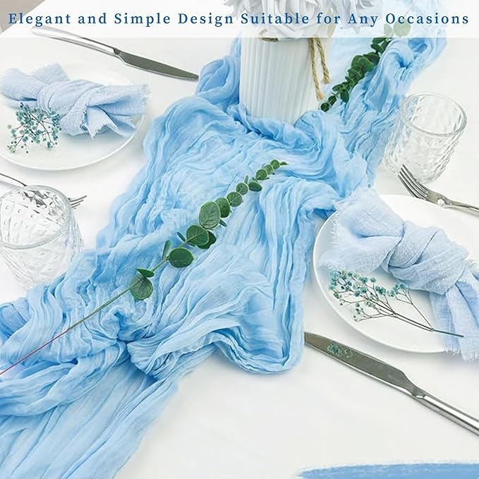 20 Pack Baby Blue Cheesecloth Table Runner 20 x 120 Inch Long Rustic Gauze Cheese Cloth Table Runner for Wedding 10FT Bridal Baby Shower Table Decorations Boho Fabric Sheer Birthday Party Table Decor