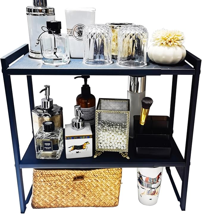 2 Tier Expandable Cabinet Shelf Organizer 14.5-25" L Kitchen Counter Shelf Rack Stand Sink Riser Countertop Storage Black (Normal 7.9”D)