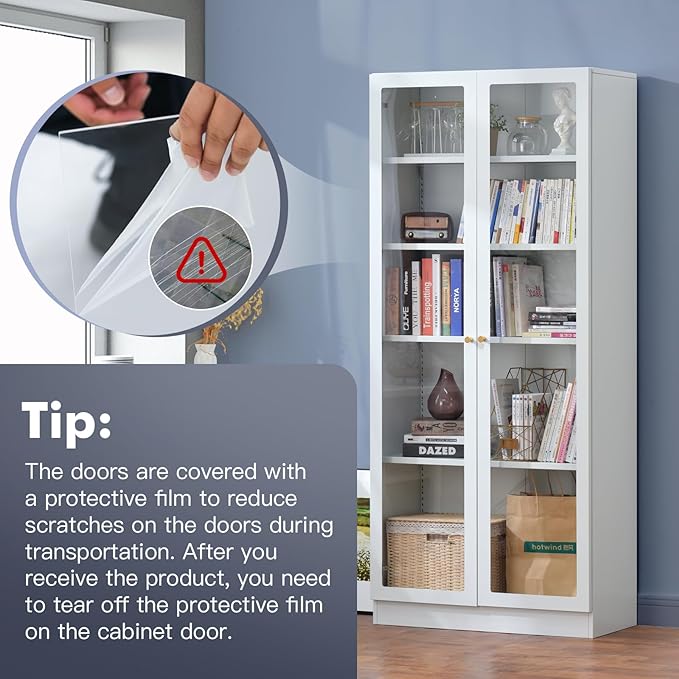 32" Wide Metal Storage Cabinet with Acrylic Doors and 4 Adjustable Shelves, 71" Tall Bookshelf, 5-Tier Freestanding Kitchen Pantry Cabinet with Anti-Tipping for Small Spaces/Kitchen/Living Room