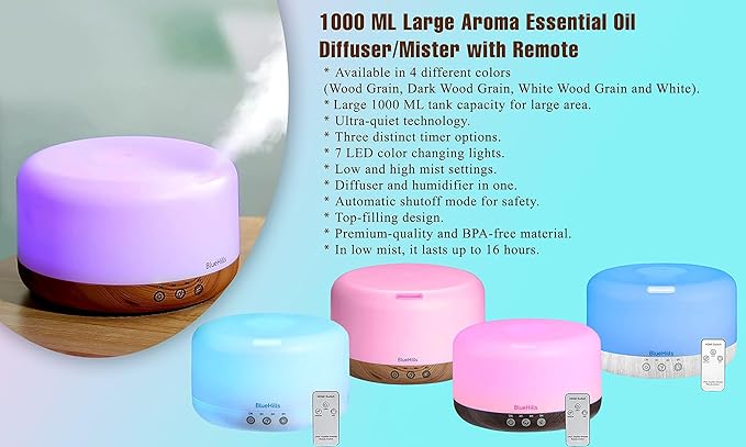BlueHills Premium 1000 ML Large Essential Oil Diffuser Humidifier for Room Home Aromatherapy Big Capacity Oil Diffuser with Décor LED Lights Long Running Round Diffuser Dark Wood Grain – D002