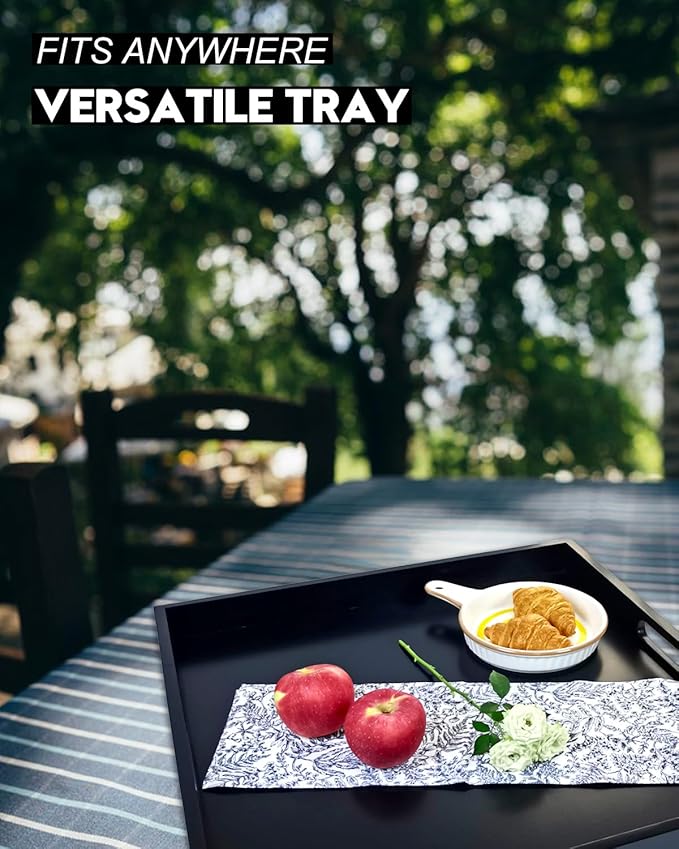 20 Inches Square Wooden Ottoman Tray Black, Large Wood Serving Tray with Handles for Living Room, Serving Food Breakfast, Ottoman Coffee Table Couch Sofa Kitchen