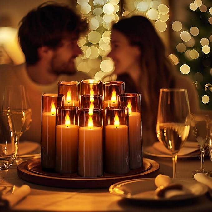 Amagic Grey Flameless Candles 9 Set, Battery Operated Candles with Remote Control and Timer, Flickering LED Pillar Candles for Home Halloween Decor, 3D Wick, Warm Yellow Light, D2.2 xH5 6" 7"